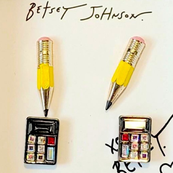 New Betsey Johnson  Pencil & Calculator Stud Earring Set Crystal - Picture 6 of 10